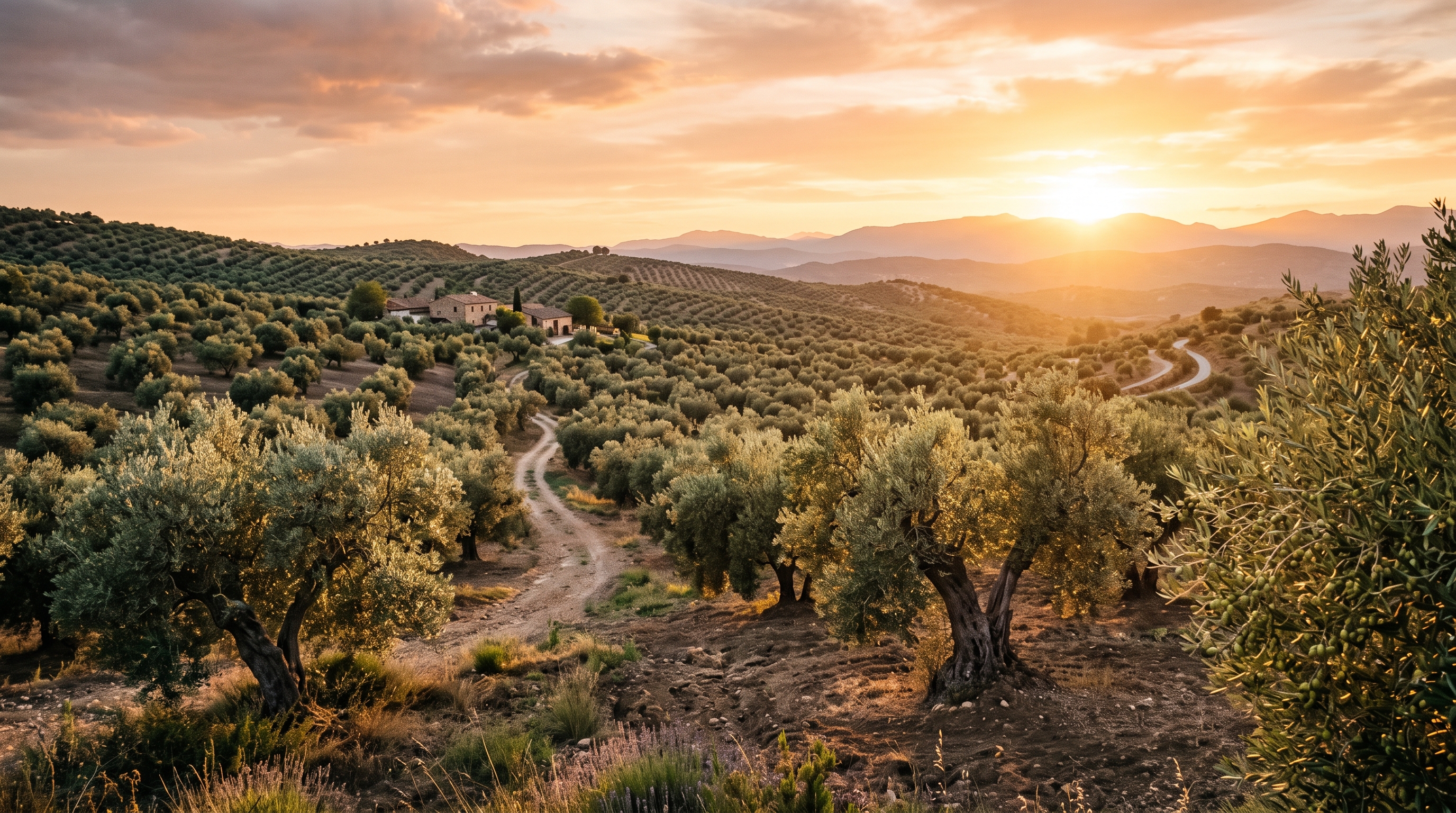 Sun-drenched olive grove hills at sunrise
